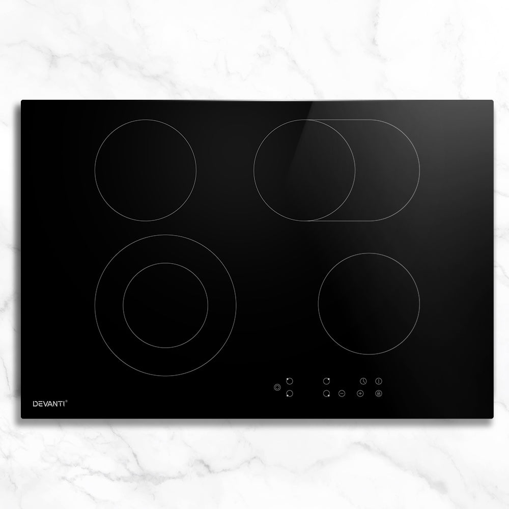 Devanti 77cm Ceramic Cooktop with 6 cooking zones and touch control panel, featuring a sleek black ceramic glass surface.