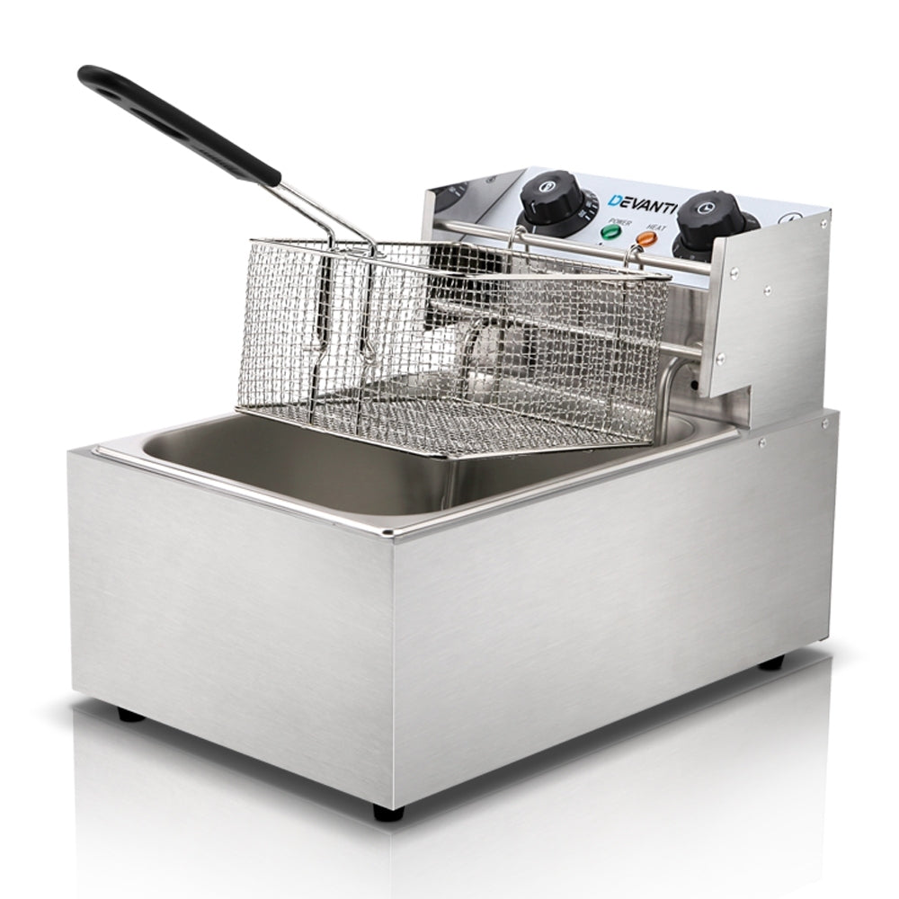 Devanti Commercial Electric Single Deep Fryer in silver with a frying basket and user manual.
