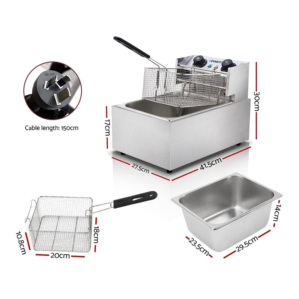 Devanti Commercial Electric Single Deep Fryer in silver with a frying basket and user manual.