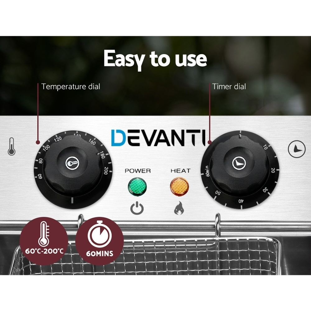 Devanti Commercial Electric Single Deep Fryer in silver with a frying basket and user manual.