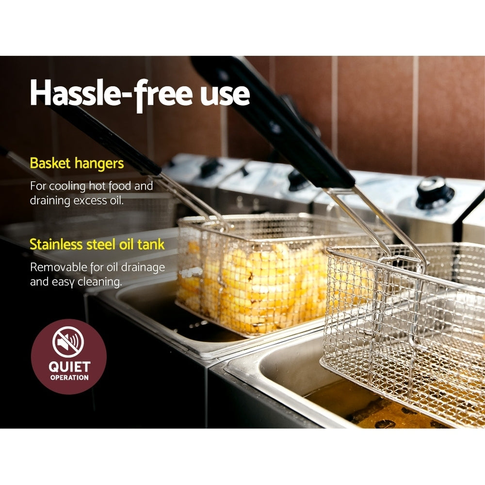 Devanti Commercial Electric Single Deep Fryer in silver with a frying basket and user manual.