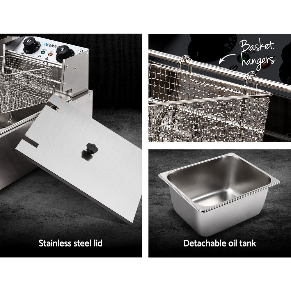 Devanti Commercial Electric Single Deep Fryer in silver with a frying basket and user manual.