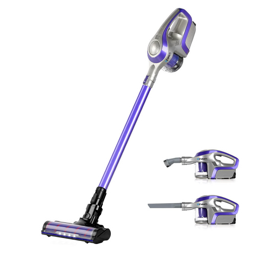 Devanti Cordless 150W Handstick Vacuum Cleaner in purple and grey, showcasing its sleek design and motorized roller head.