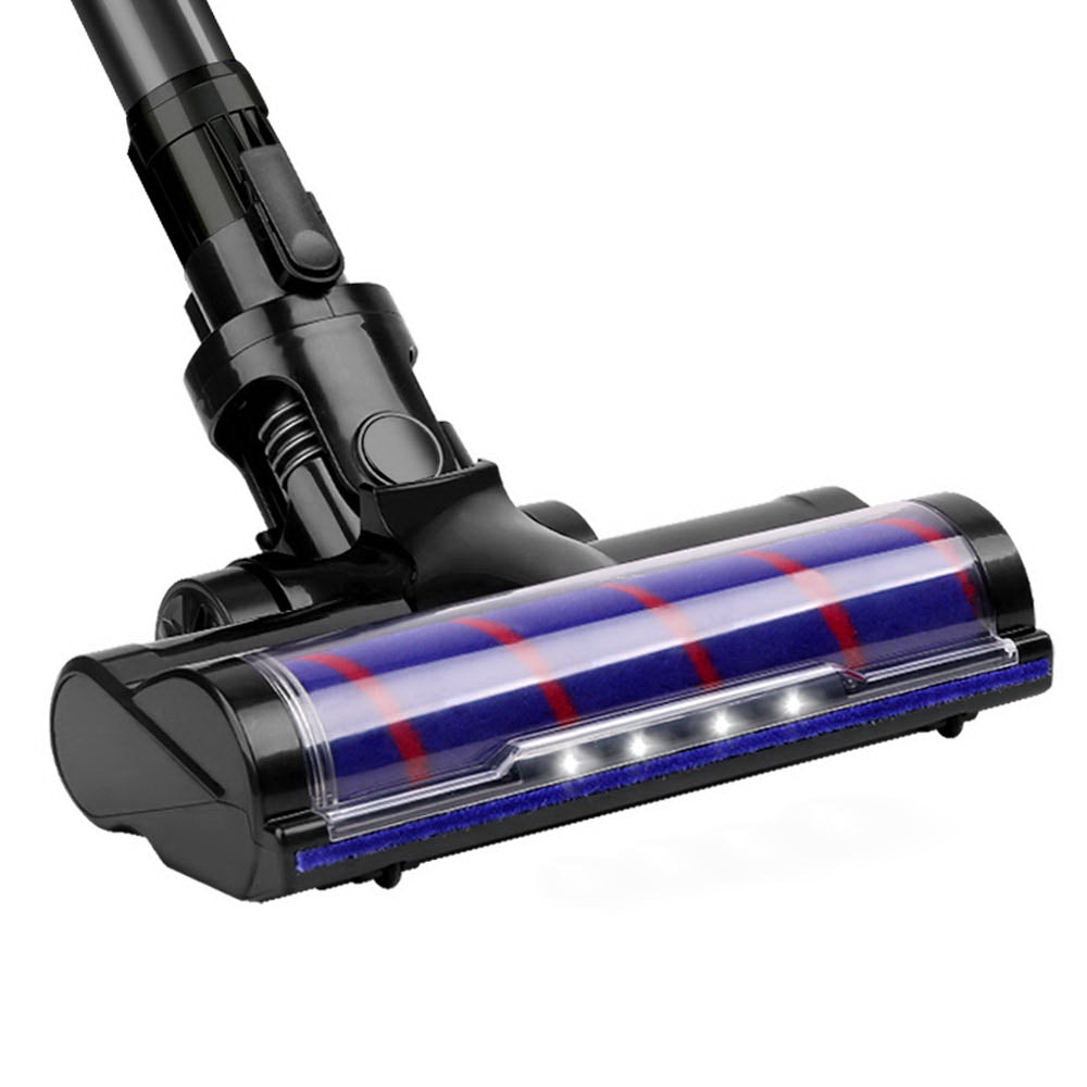 Devanti Cordless Handstick Vacuum Cleaner Head in black, featuring a motorized roller, LED headlight, and tangle-free design for efficient cleaning.