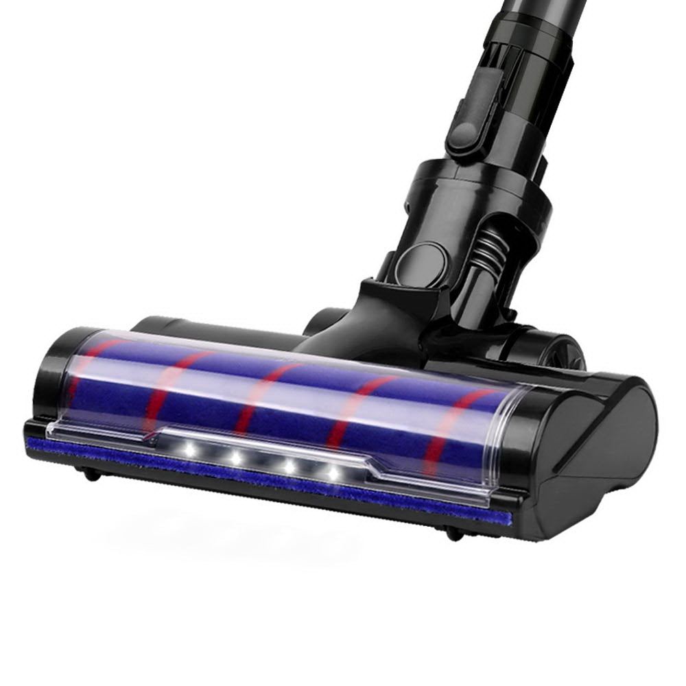 Devanti Cordless Handstick Vacuum Cleaner Head in black, featuring a motorized roller, LED headlight, and tangle-free design for efficient cleaning.