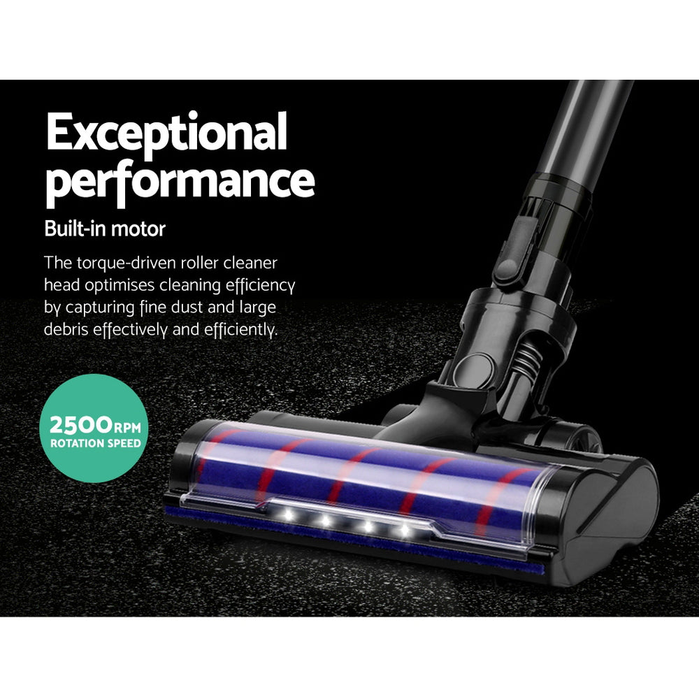 Devanti Cordless Handstick Vacuum Cleaner Head in black, featuring a motorized roller, LED headlight, and tangle-free design for efficient cleaning.