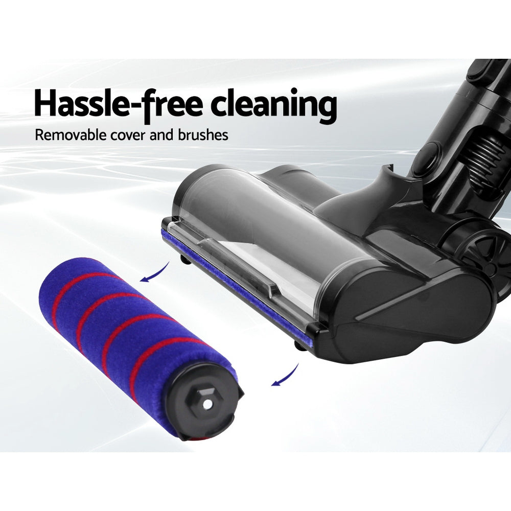 Devanti Cordless Handstick Vacuum Cleaner Head in black, featuring a motorized roller, LED headlight, and tangle-free design for efficient cleaning.
