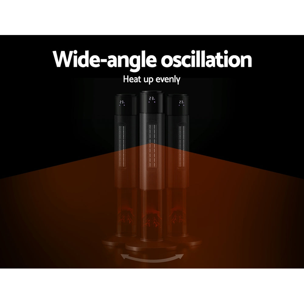 Devanti Electric Ceramic Tower Heater with 3D flame effect and remote control, designed for efficient winter heating.