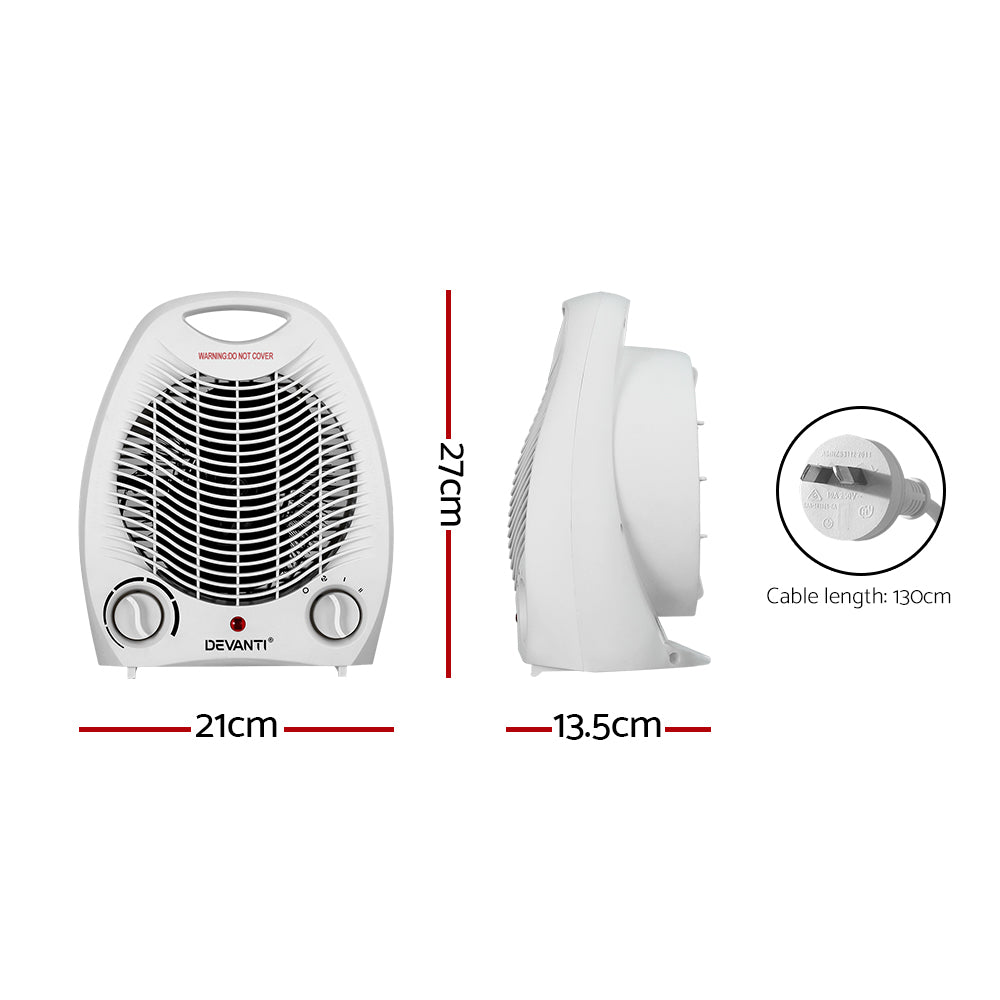 Devanti Electric Fan Heater in white, showcasing its compact design and adjustable thermostat control.