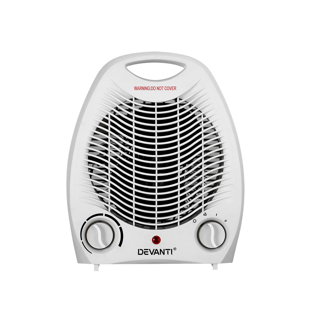 Devanti Electric Fan Heater in white, showcasing its compact design and adjustable thermostat control.