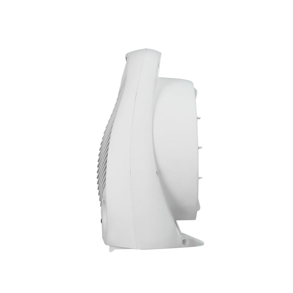 Devanti Electric Fan Heater in white, showcasing its compact design and adjustable thermostat control.