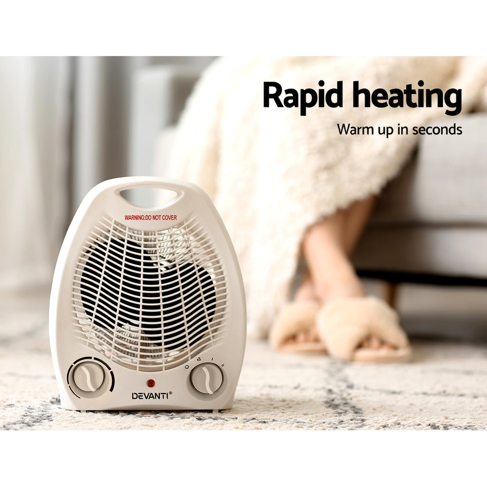 Devanti Electric Fan Heater in white, showcasing its compact design and adjustable thermostat control.