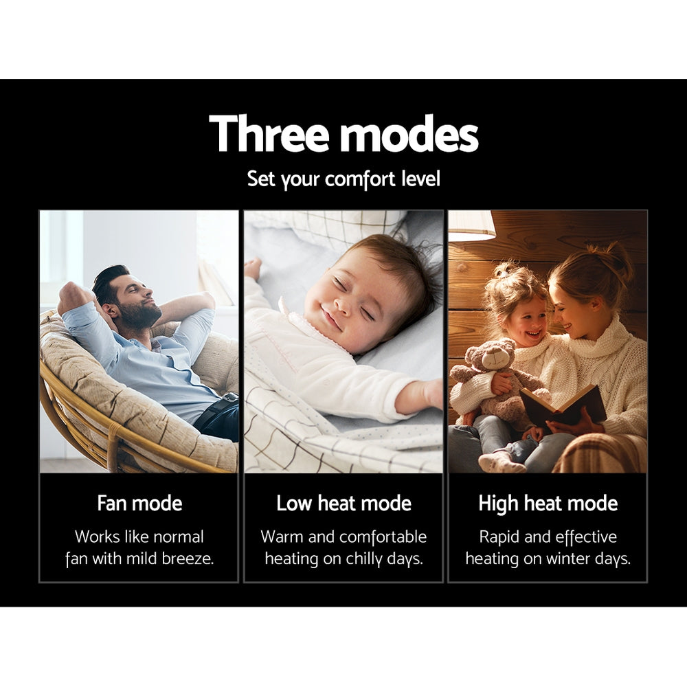 Devanti Electric Fan Heater in white, showcasing its compact design and adjustable thermostat control.