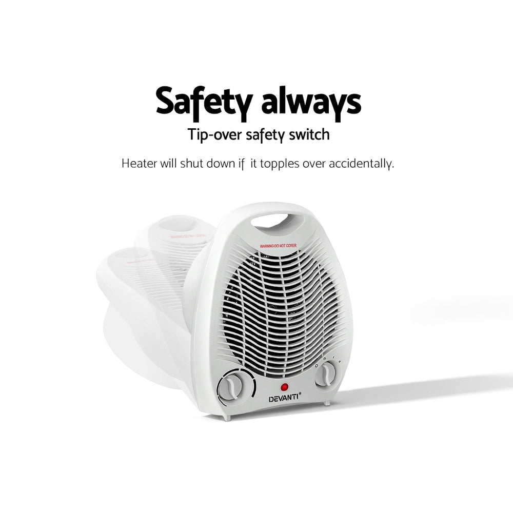 Devanti Electric Fan Heater in white, showcasing its compact design and adjustable thermostat control.