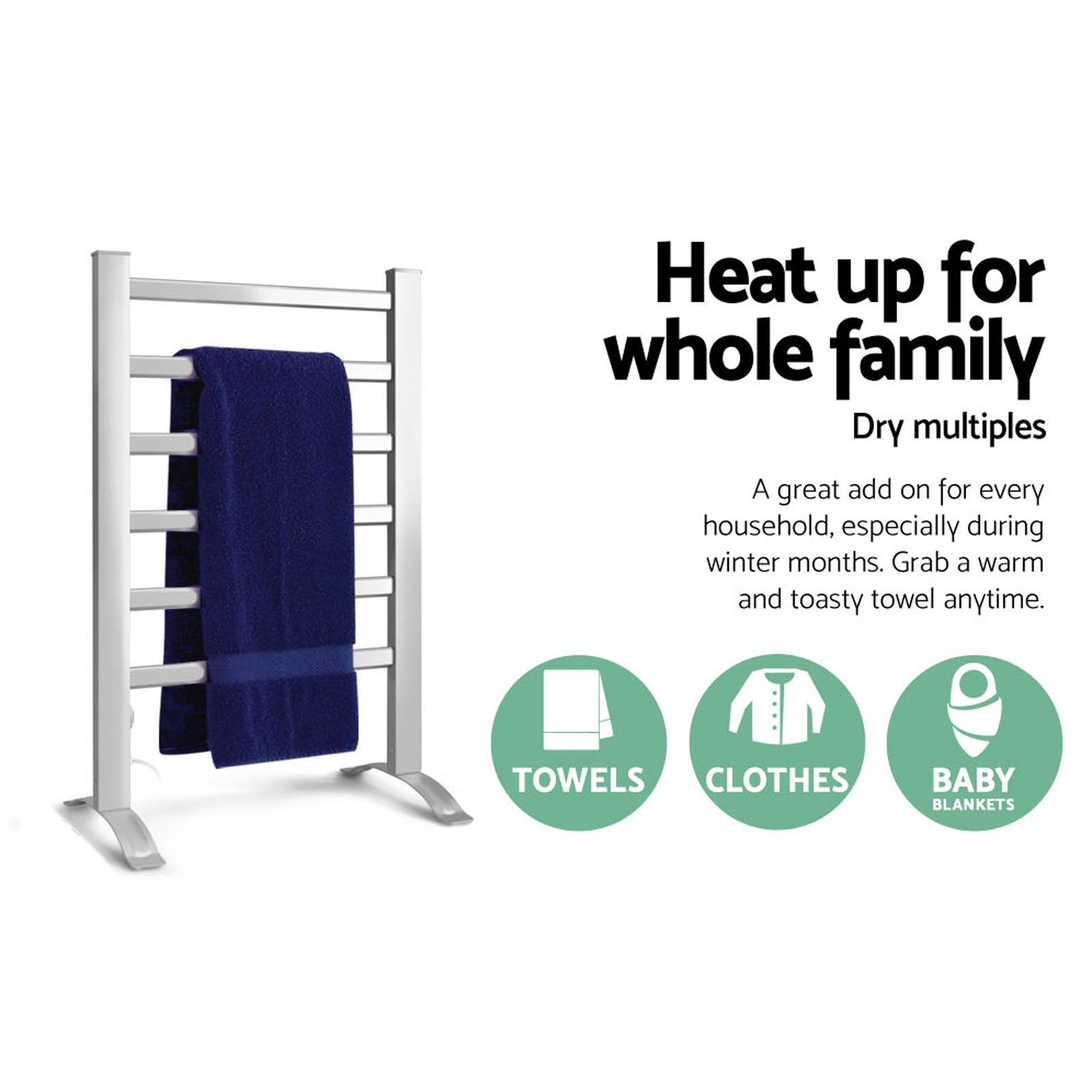 Devanti Electric Heated Towel Rail with 6 bars, showcasing its sleek aluminium design and freestanding feature.