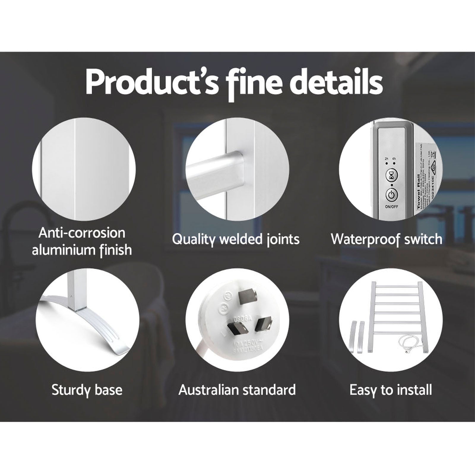 Devanti Electric Heated Towel Rail with 6 bars, showcasing its sleek aluminium design and freestanding feature.