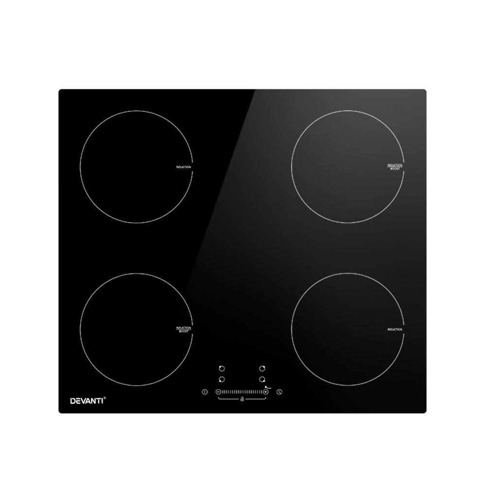 Devanti Electric Induction Cooktop 60cm with four cooking zones and a sleek black ceramic glass surface.