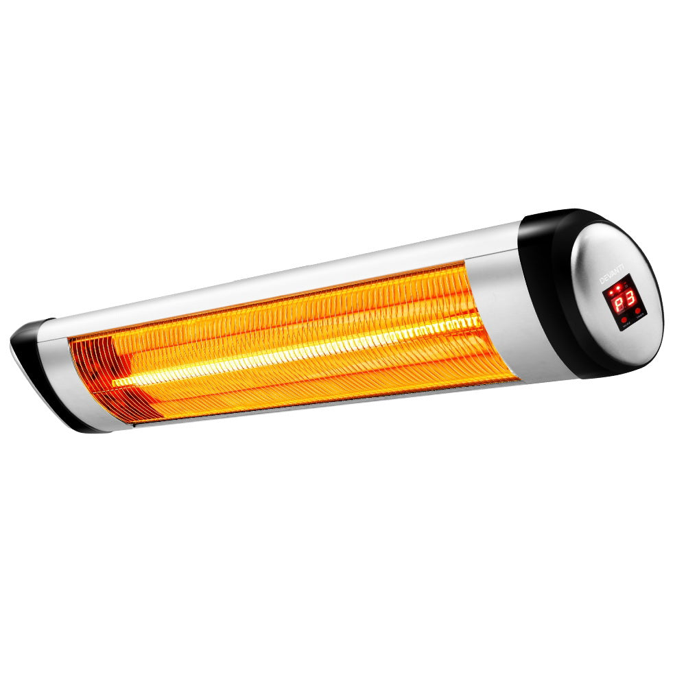 Devanti Electric Radiant Heater with remote control, showcasing its sleek design and LED control panel.