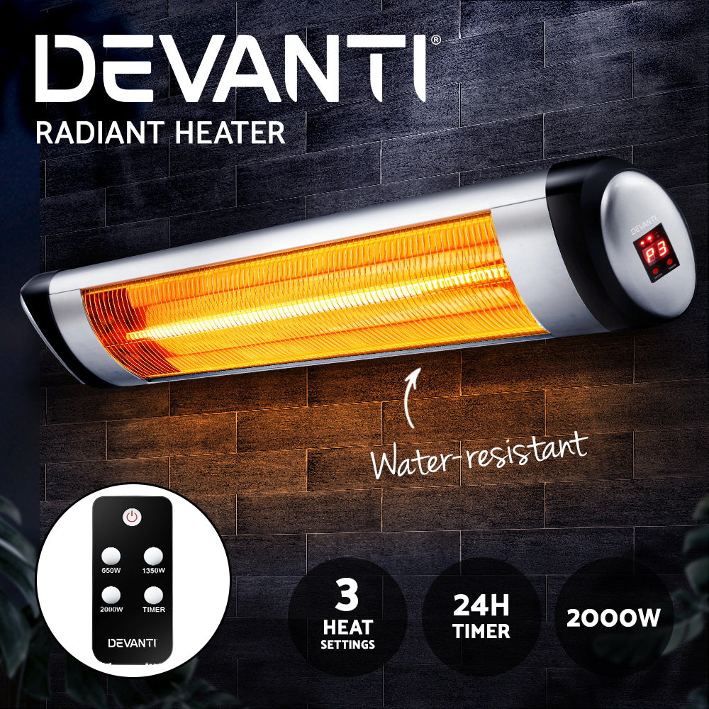 Devanti Electric Radiant Heater with remote control, showcasing its sleek design and LED control panel.