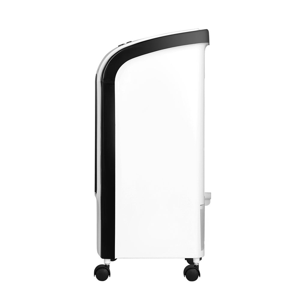 Devanti Evaporative Air Cooler Conditioner in black and white, showcasing its sleek design and control panel.