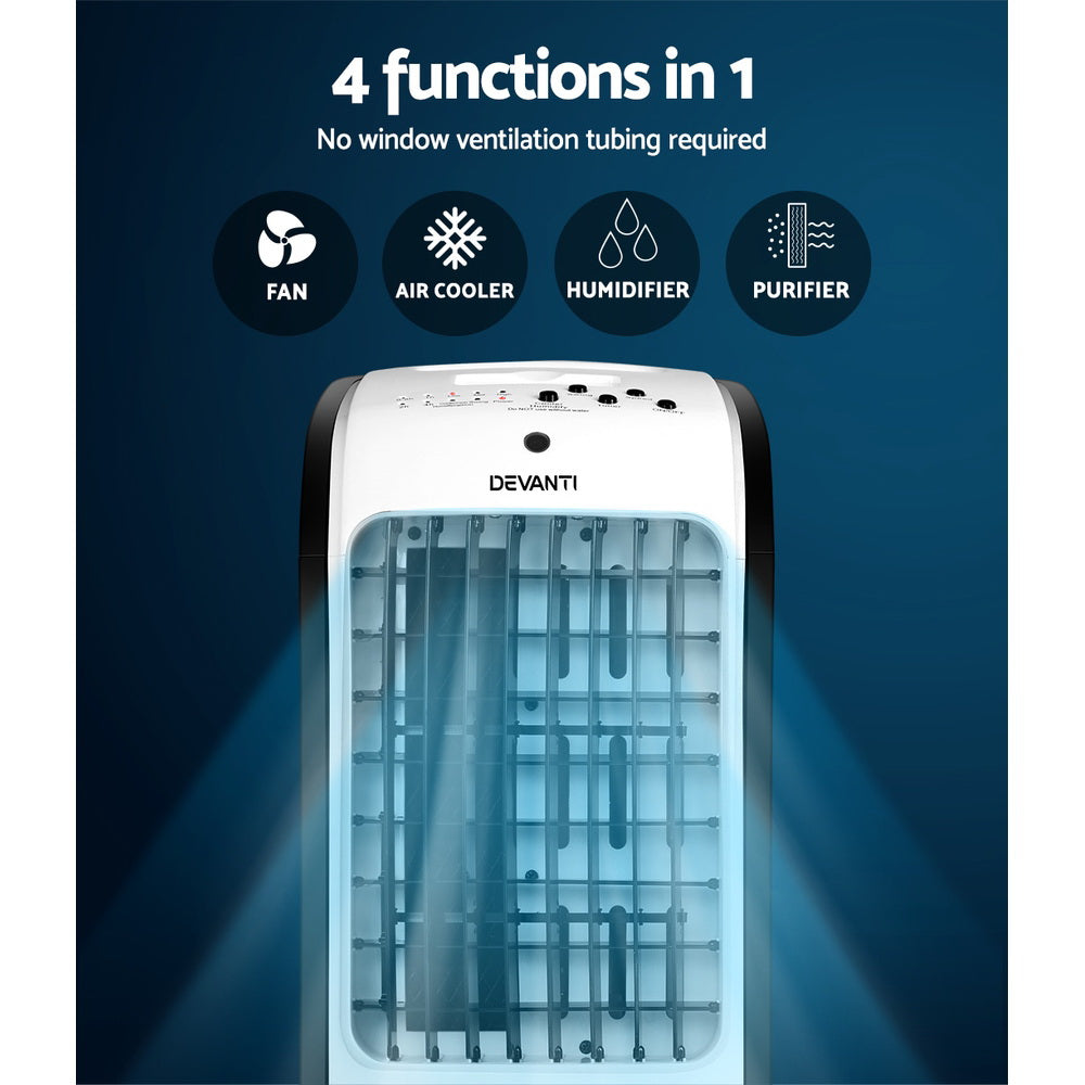 Devanti Evaporative Air Cooler Conditioner in black and white, showcasing its sleek design and control panel.