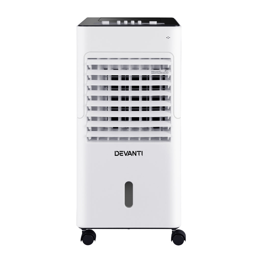 Devanti Evaporative Air Cooler Conditioner in black and white, showcasing its sleek design and control panel.