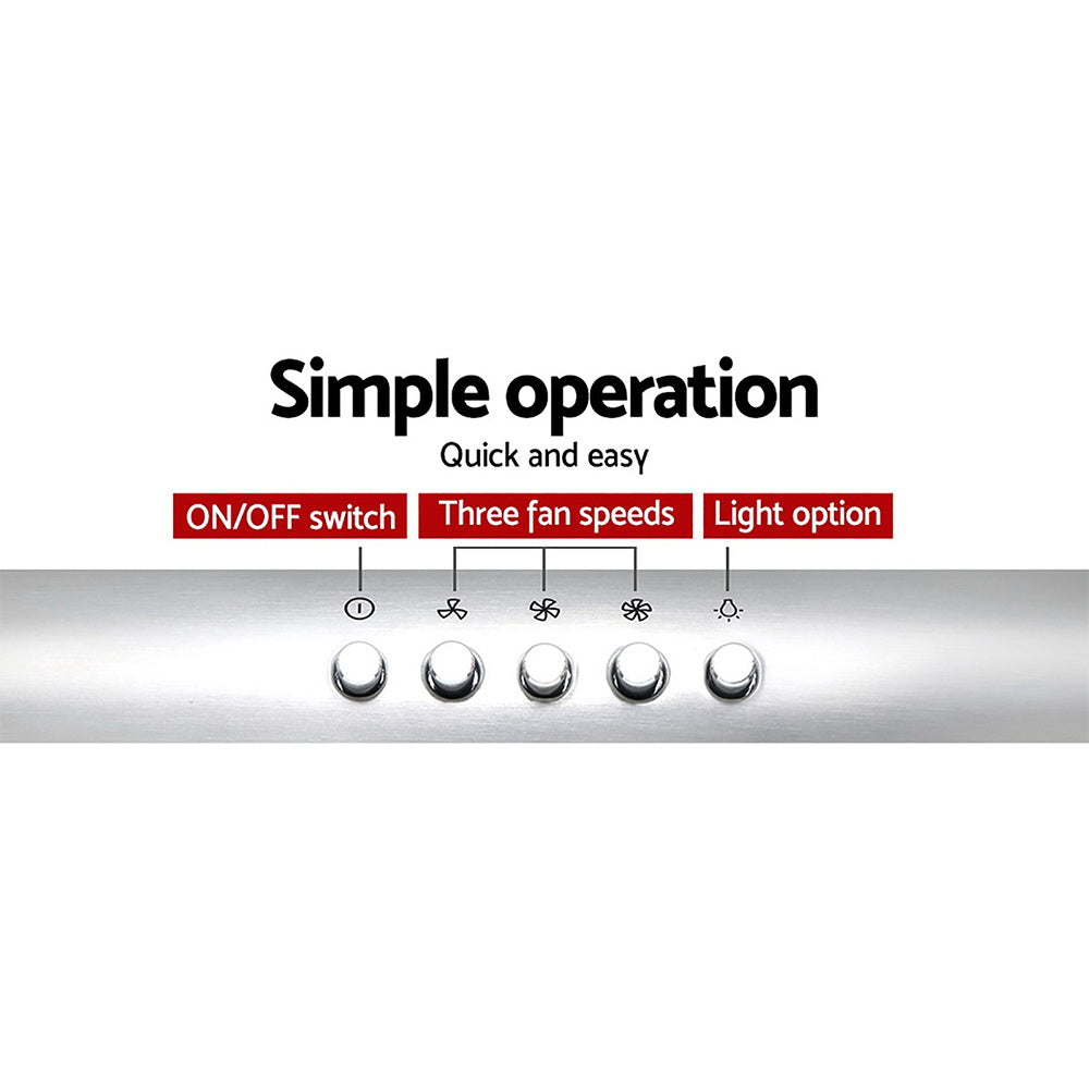 DEVANTI 60cm stainless steel fixed range hood with LED light and touch controls, designed for efficient kitchen ventilation.