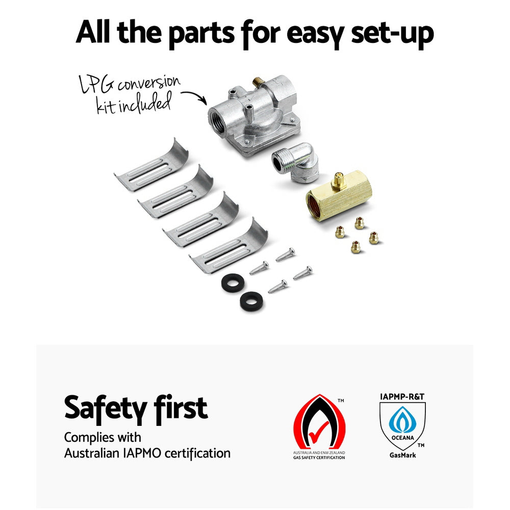 Devanti 60cm Gas Cooktop with four burners and stainless steel surface, showcasing its sleek design and safety features.