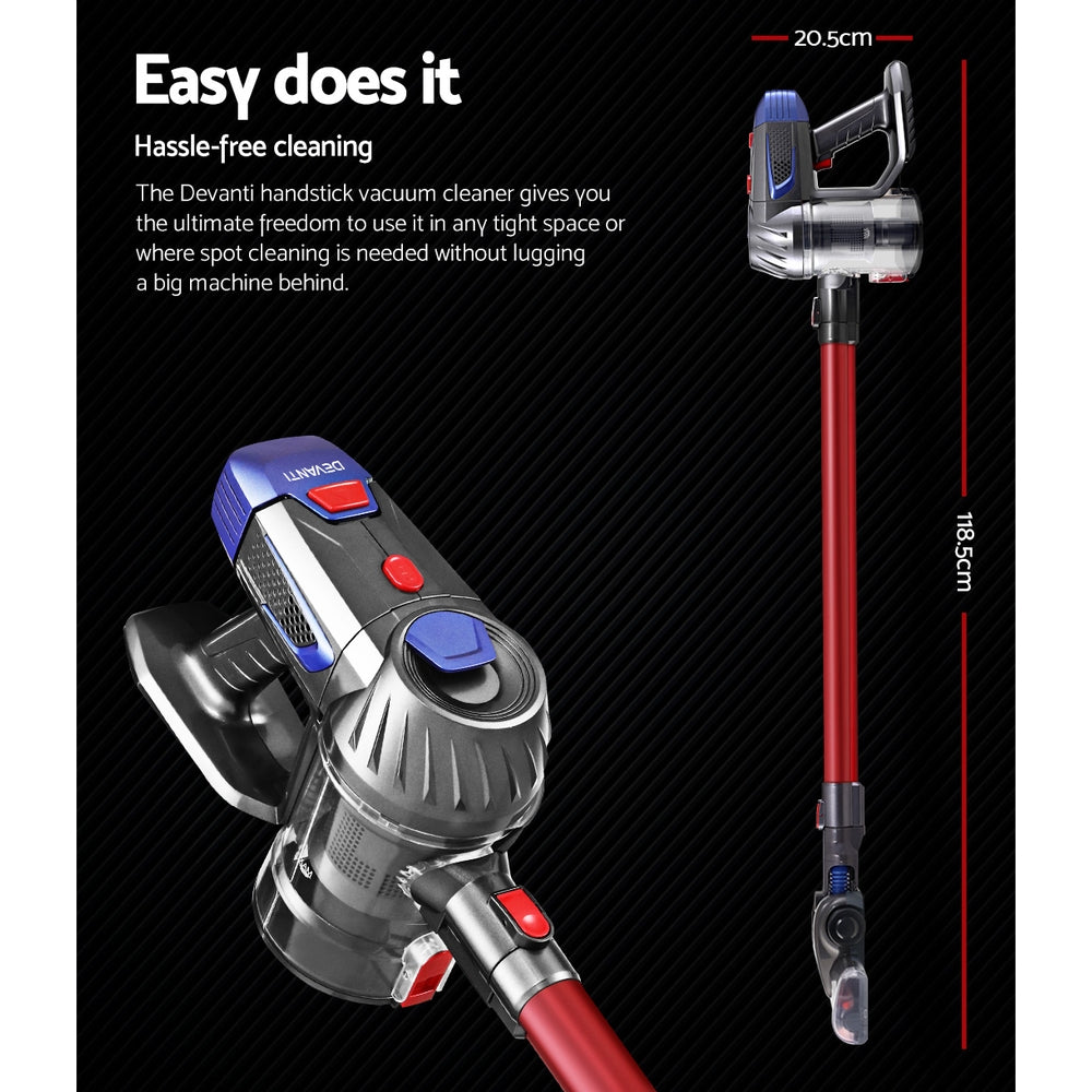 Devanti Handheld Vacuum Cleaner in red and grey, showcasing its lightweight design and various attachments for versatile cleaning.
