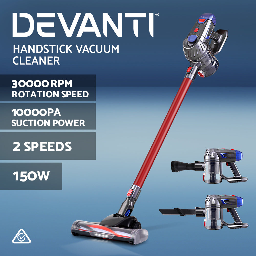 Devanti Handheld Vacuum Cleaner in red and grey, showcasing its lightweight design and various attachments for versatile cleaning.