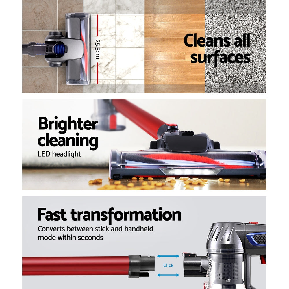 Devanti Handheld Vacuum Cleaner in red and grey, showcasing its lightweight design and various attachments for versatile cleaning.