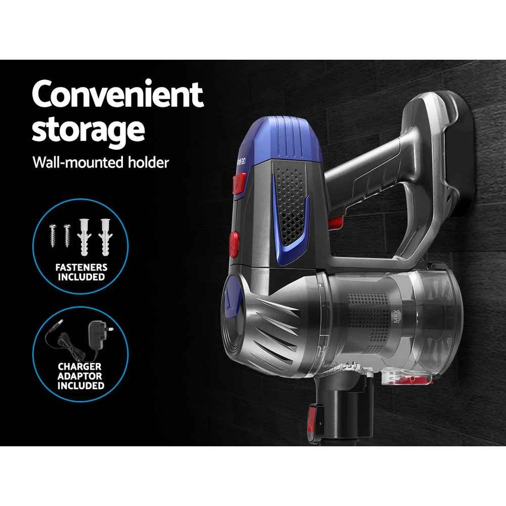 Devanti Handheld Vacuum Cleaner in red and grey, showcasing its lightweight design and various attachments for versatile cleaning.