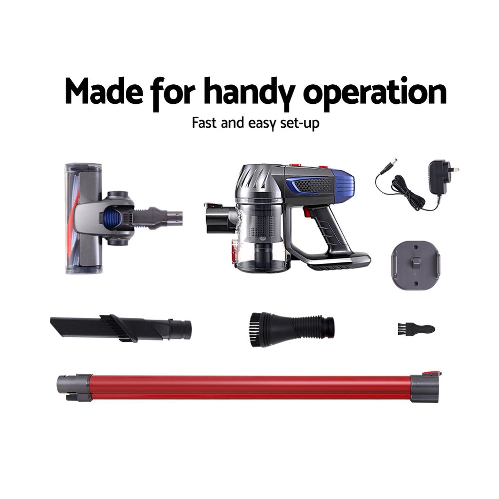 Devanti Handheld Vacuum Cleaner in red and grey, showcasing its lightweight design and various attachments for versatile cleaning.