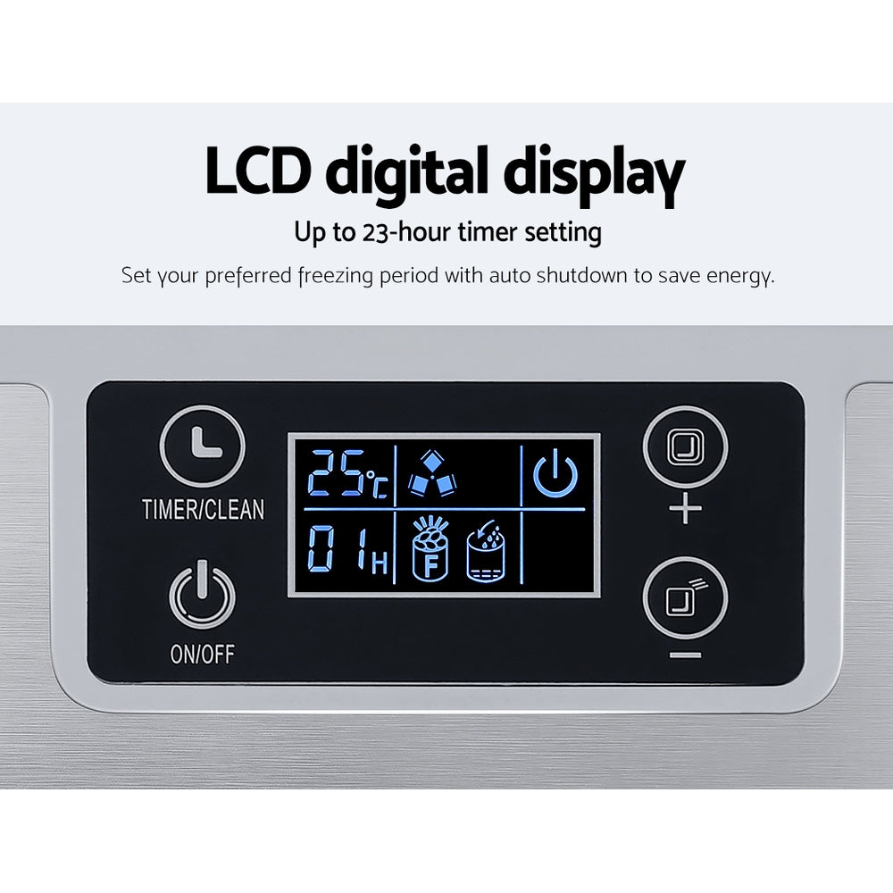 Devanti Ice Maker Machine with stainless steel casing, producing ice cubes on a countertop.