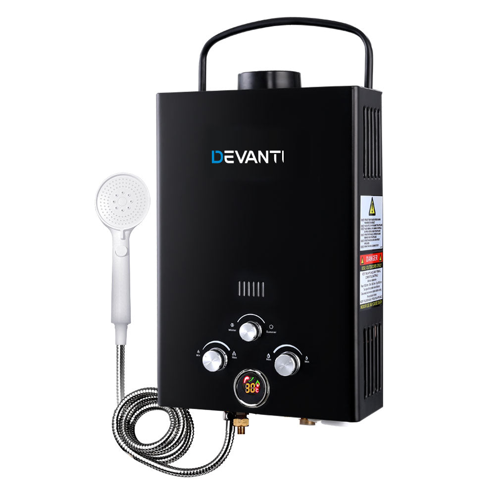 Devanti Outdoor Portable Gas Water Heater in black, designed for camping showers with LED display and safety features.