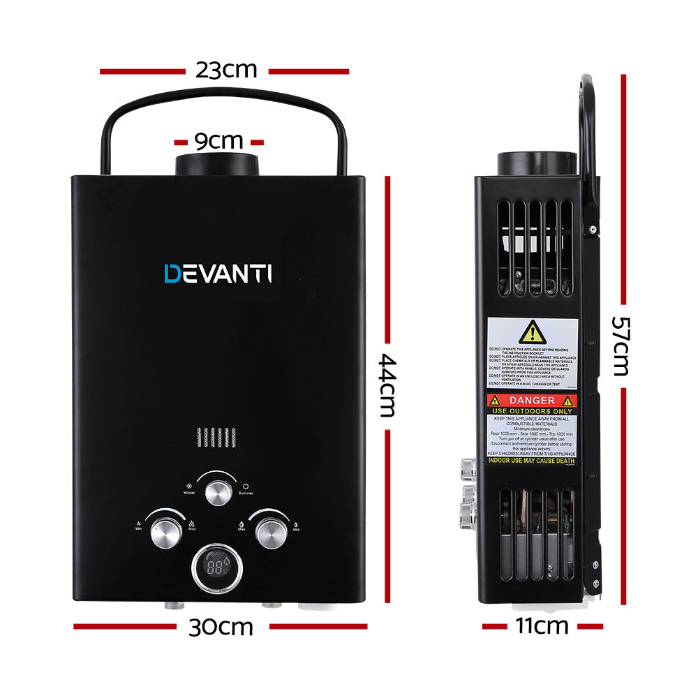 Devanti Outdoor Portable Gas Water Heater in black, designed for camping showers with LED display and safety features.