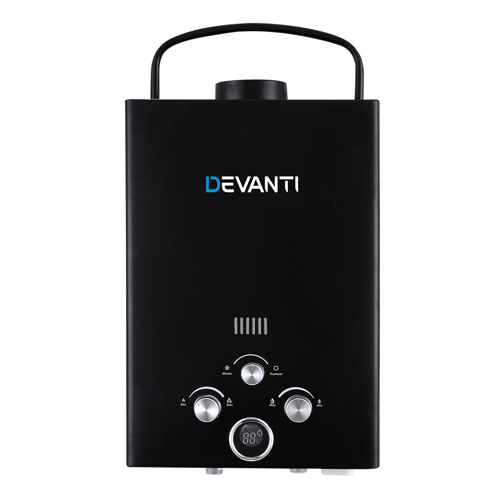 Devanti Outdoor Portable Gas Water Heater in black, designed for camping showers with LED display and safety features.