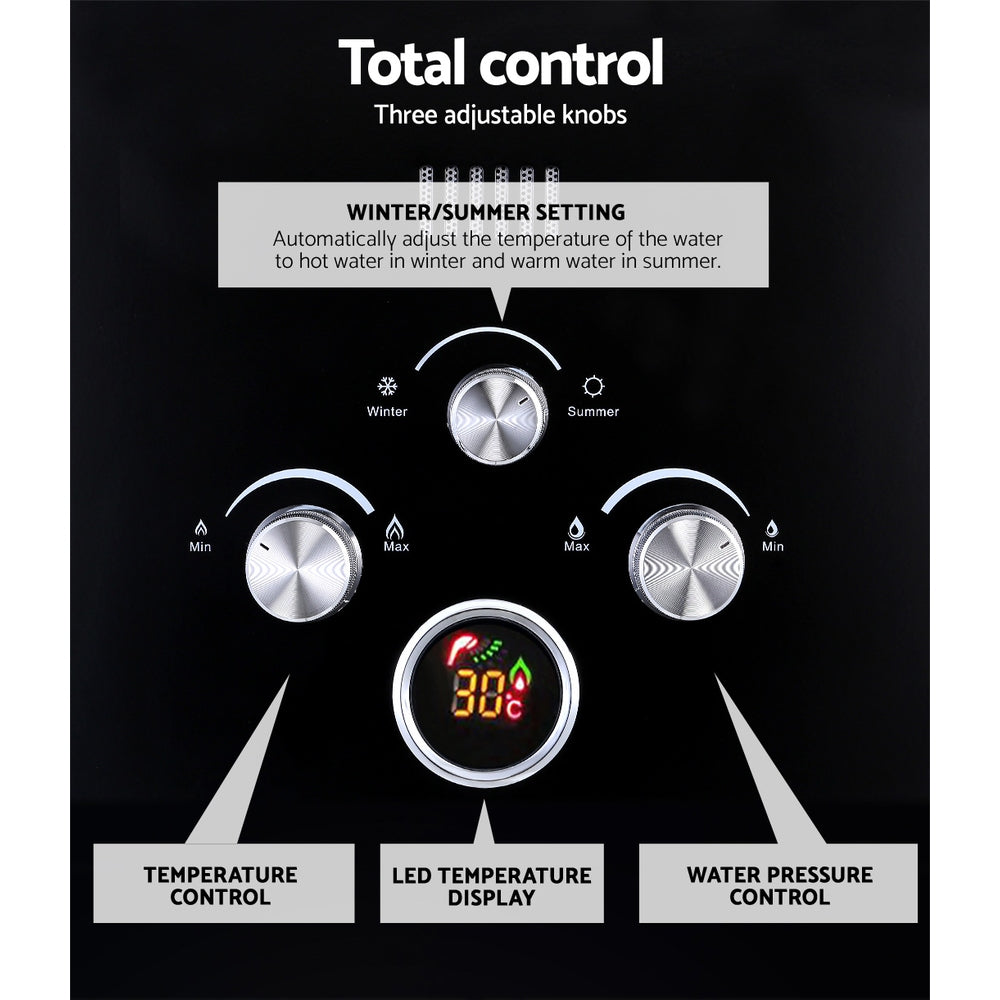 Devanti Outdoor Portable Gas Water Heater in black, designed for camping showers with LED display and safety features.