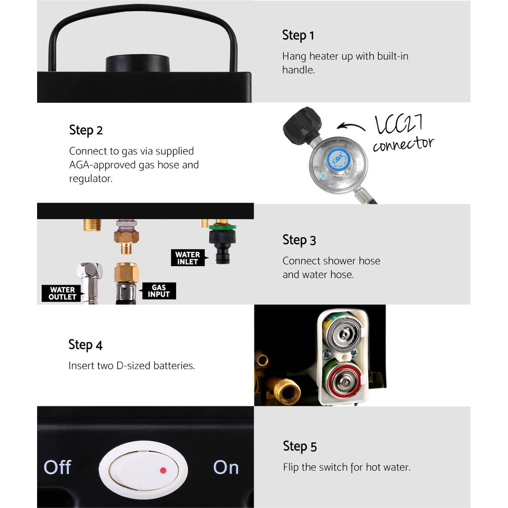 Devanti Outdoor Portable Gas Water Heater in black, designed for camping showers with LED display and safety features.