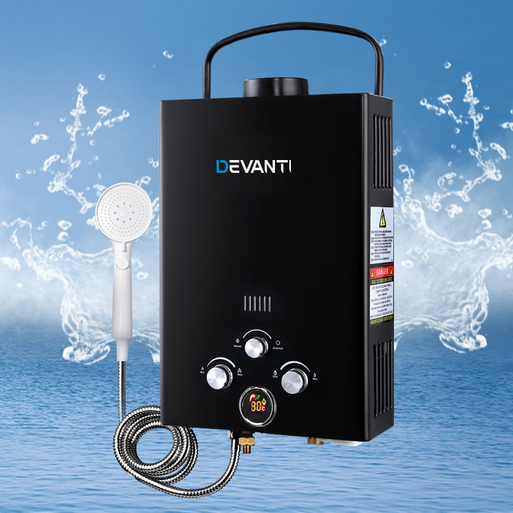 Devanti Outdoor Portable Gas Water Heater in black, designed for camping showers with LED display and safety features.