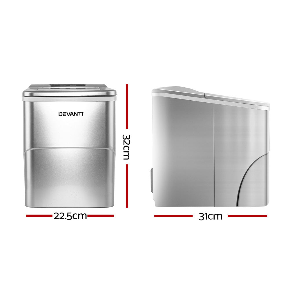 Devanti Portable Ice Cube Maker in silver, showcasing its sleek design and LED control panel.