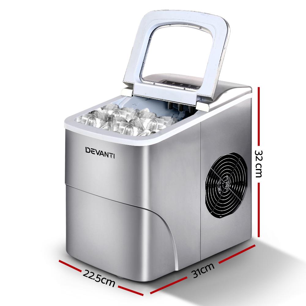 Devanti Portable Ice Cube Maker in silver, showcasing its sleek design and LED control panel.