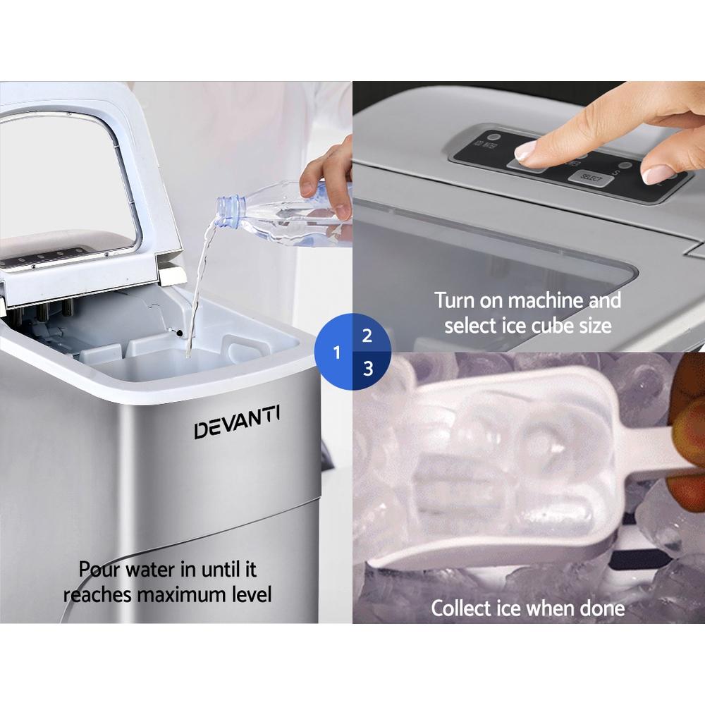 Devanti Portable Ice Cube Maker in silver, showcasing its sleek design and LED control panel.
