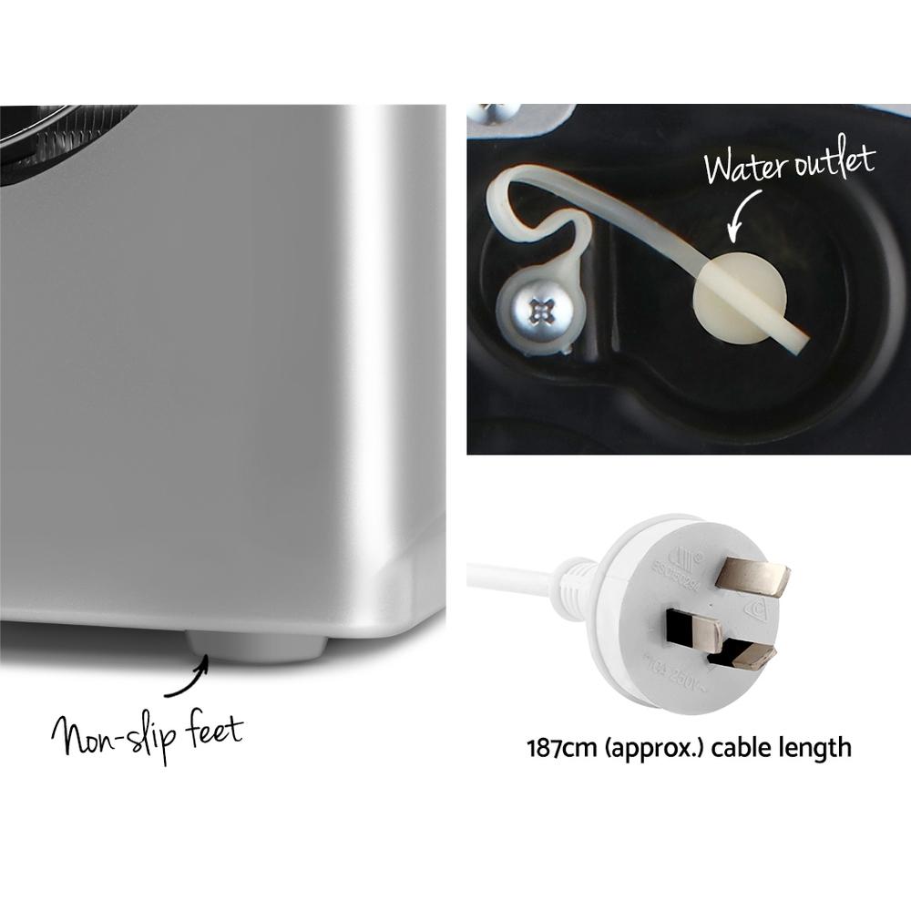 Devanti Portable Ice Cube Maker in silver, showcasing its sleek design and LED control panel.