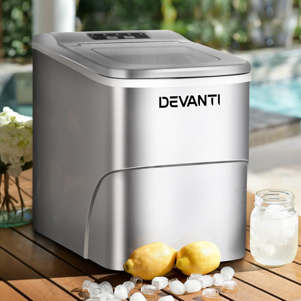 Devanti Portable Ice Cube Maker in silver, showcasing its sleek design and LED control panel.