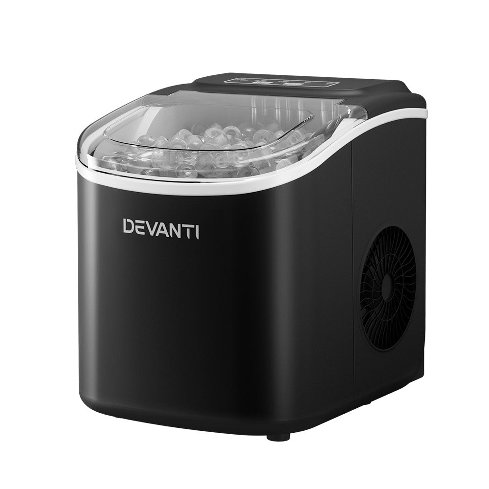 Devanti Portable Ice Maker Machine in black, compact countertop design with ice cubes visible through inspection window.