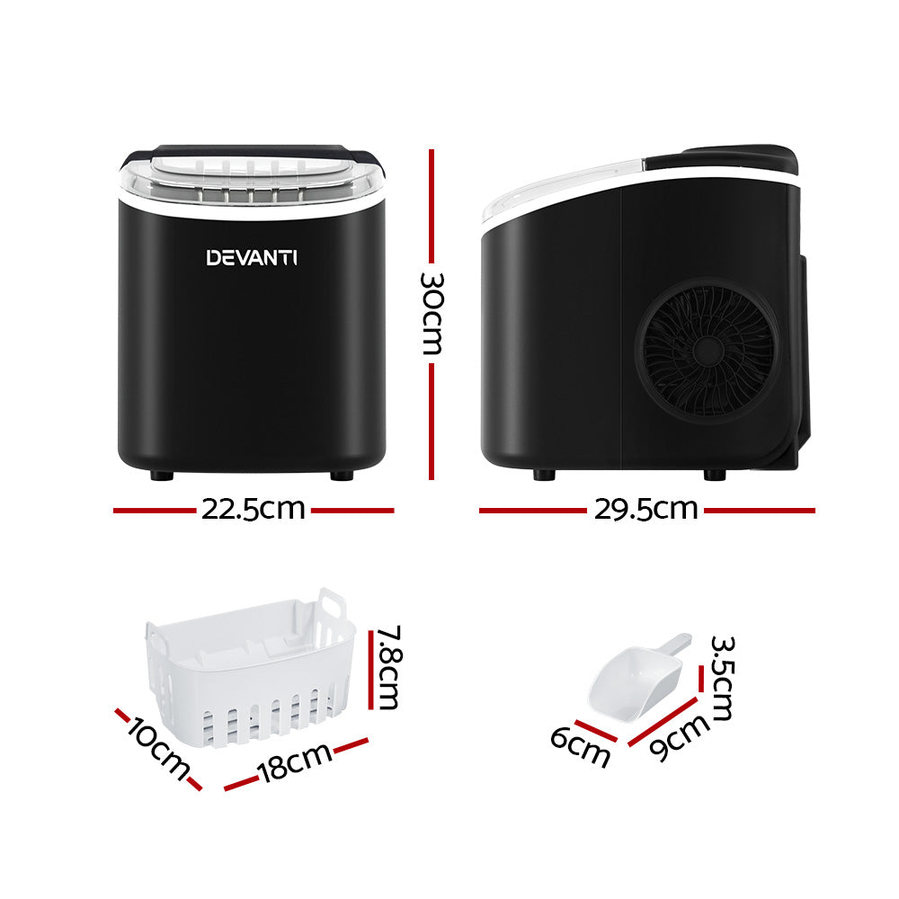 Devanti Portable Ice Maker Machine in black, compact countertop design with ice cubes visible through inspection window.