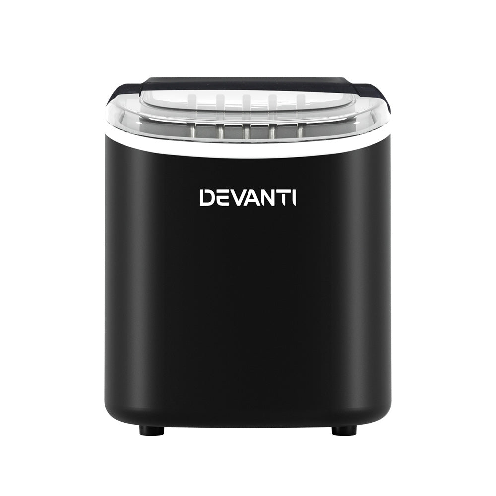 Devanti Portable Ice Maker Machine in black, compact countertop design with ice cubes visible through inspection window.