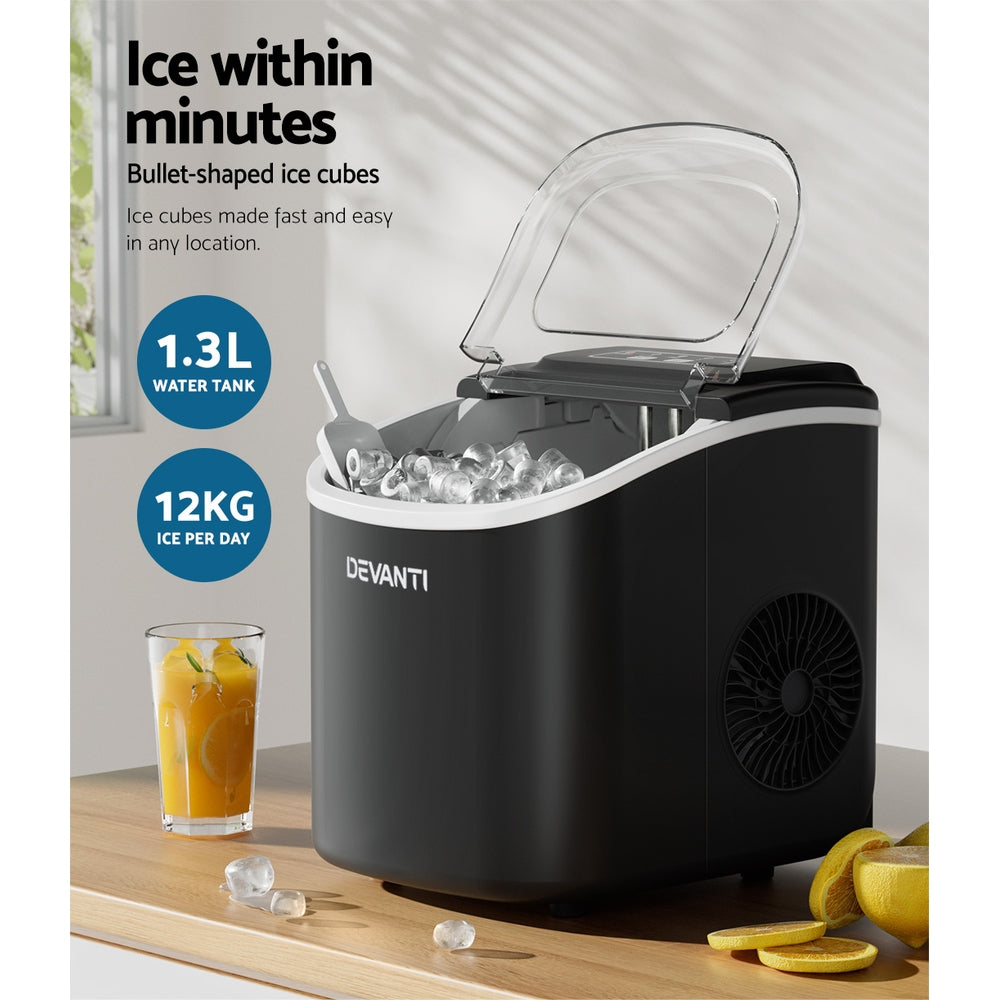 Devanti Portable Ice Maker Machine in black, compact countertop design with ice cubes visible through inspection window.