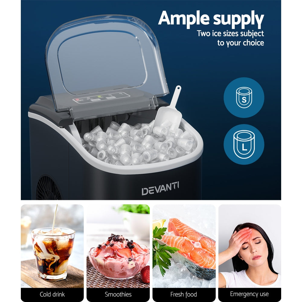 Devanti Portable Ice Maker Machine in black, compact countertop design with ice cubes visible through inspection window.